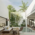Tropical Courtyard Garden With Swimming Pool White Architecture And Relaxing Seating Area