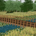 Scenic Wooden Landscape Bridge Over Reed Fields With White Flowers And Green Trees