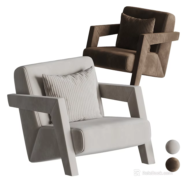 Light Gray And Dark Brown Modern Accent Chairs With Square Arms And Striped Pillow 3d model 