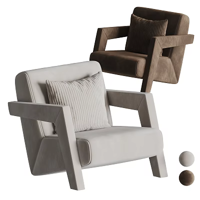 Light Gray And Dark Brown Modern Accent Chairs With Square Arms And Striped Pillow 3d model
