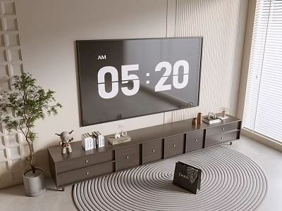 Modern Dark TV Stand with Drawers Cabinets Large Wall Mounted TV Decorative Items Plant and Circular Rug 3d model