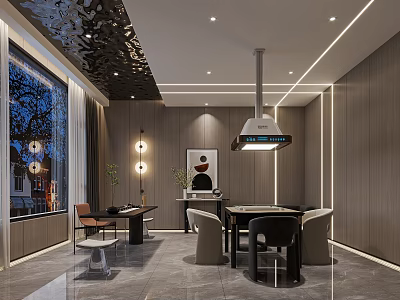 Elegant Hotel Mahjong Room Interior With Wooden Walls Night View Windows Lighting And Decorative Art 3d model