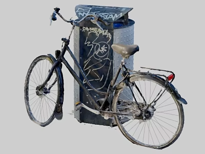 Dirty Old Bicycle Leaning Against Graffiti Covered Urban Trash Can 3d model