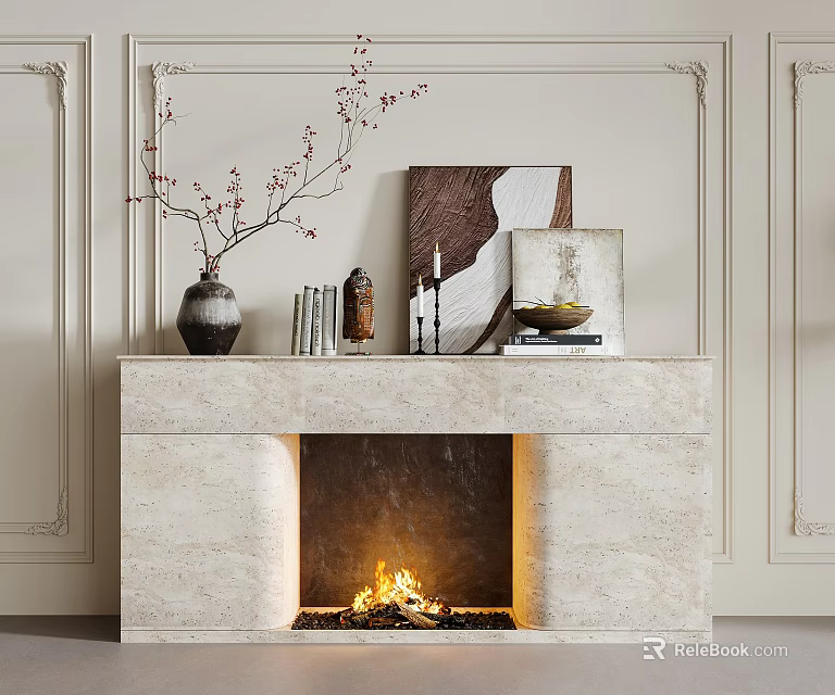 Stylish Fireplace With Stone Mantel And Decor Accents 3d model 