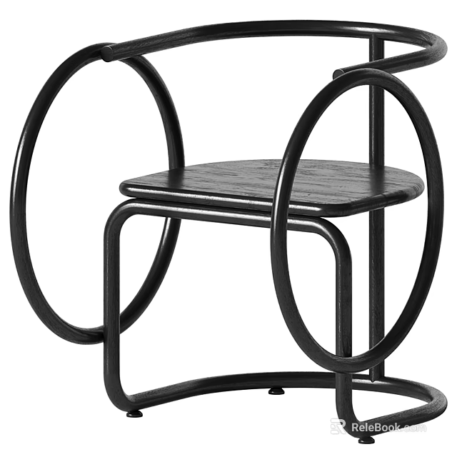 Modern Leisure Chair With Black Metal Circular Ring Frame And Wooden Seat Design 3d model 