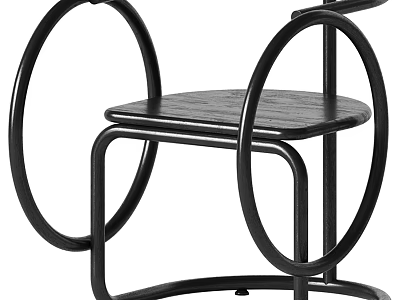 Modern Leisure Chair With Black Metal Circular Ring Frame And Wooden Seat Design 3d model