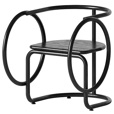 Modern Leisure Chair With Black Metal Circular Ring Frame And Wooden Seat Design 3d model