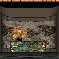 Modern Hotel Lobby With Golden Patterned Decorative Wall Glass Reception Desk Flower Arrangement And Checkerboard Floor