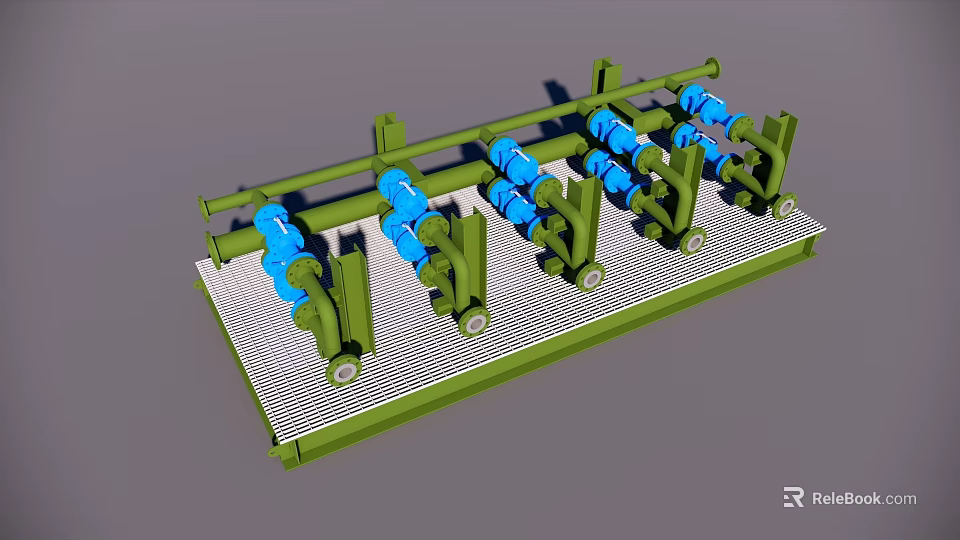 Heavy Duty Industrial Equipment With Green Frame And Blue Valves On Metal Grid Platform 3d model 