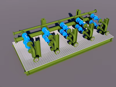 Heavy Duty Industrial Equipment With Green Frame And Blue Valves On Metal Grid Platform 3d model