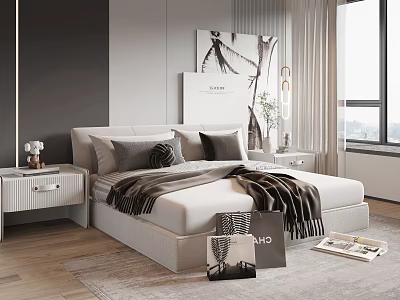 White Double Bed with Grey Pillows Brown Blanket Nightstands and Window View in Modern Bedroom 3d model