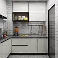 Modern Kitchen With White Cabinets Black Countertop Tile Backsplash And Utensils 3d model