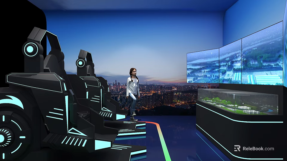 Futuristic Exhibition Hall with Seats Glowing Lines Large Screens City Night View and Person Standing 3d model 