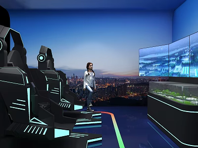 Futuristic Exhibition Hall with Seats Glowing Lines Large Screens City Night View and Person Standing 3d model