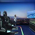 Futuristic Exhibition Hall with Seats Glowing Lines Large Screens City Night View and Person Standing