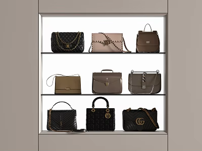 Stylish Handbags Display On Shelves With Various Styles Colors And Chain Details 3d model
