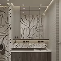Modern Hotel Bathroom With Oval Backlit Mirror Wall Sconces White Countertop And Grid Tile Walls