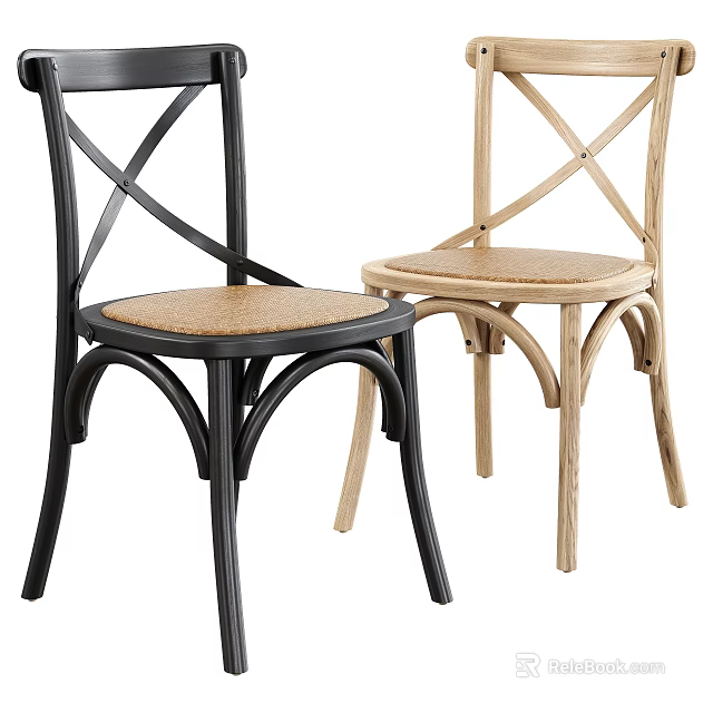 Modern Single Chair With Cross Back Design And Rattan Seat In Black And Natural Wood 3d model 
