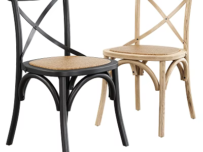 Modern Single Chair With Cross Back Design And Rattan Seat In Black And Natural Wood 3d model