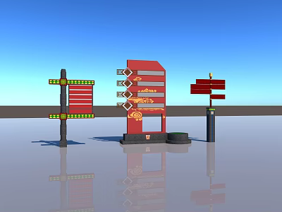 Colorful Garden Ornaments With Red Yellow Signposts And Decorative Structures 3d model