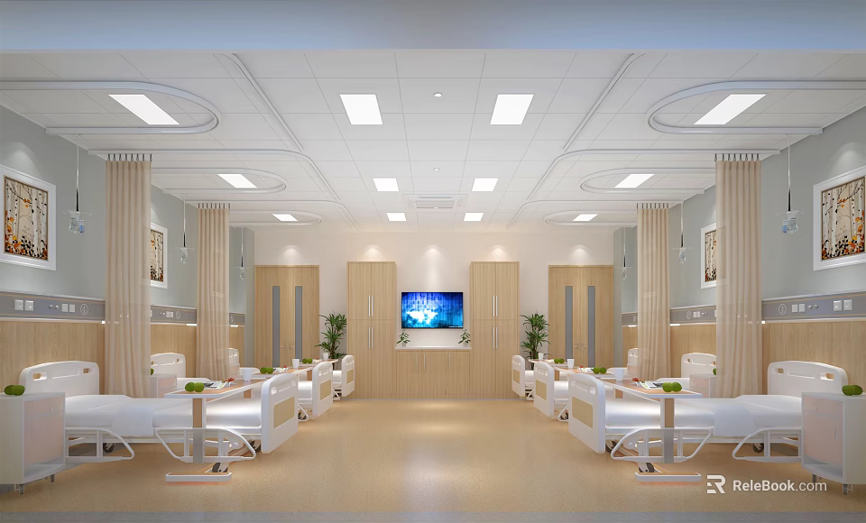 Spacious Hospital Ward Interior With White Beds TV Screen And Green Plants 3d model 