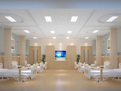 Spacious Hospital Ward Interior With White Beds TV Screen And Green Plants 3d model