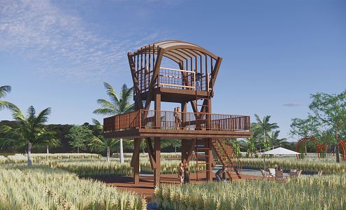 Modern Watchtower Viewing Platform Viewing Tower Platform Viewing Tower Mountain Wooden Plank Road Thatched House Village Corridor Viewing Tower 3d model