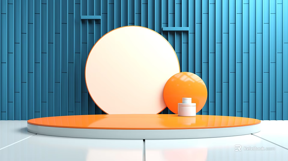 Orange Circular Display Shelf with Blue Vertical Striped Background and White Cylindrical Object Orange Sphere 3d model
