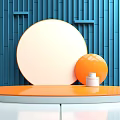 Orange Circular Display Shelf with Blue Vertical Striped Background and White Cylindrical Object Orange Sphere 3d model