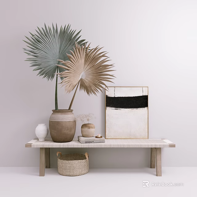 Decorative Ornament Set With Palm Leaves Clay Pots Wicker Basket And Abstract Painting On Bench 3d model 