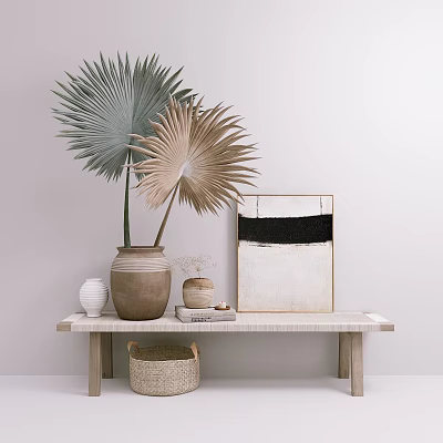 Decorative Ornament Set With Palm Leaves Clay Pots Wicker Basket And Abstract Painting On Bench 3d model