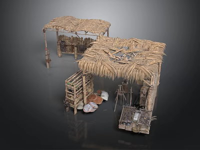 Traditional Thatched Market Stalls With Wooden Shelves Clay Pots And Tools 3d model