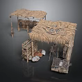 Traditional Thatched Market Stalls With Wooden Shelves Clay Pots And Tools
