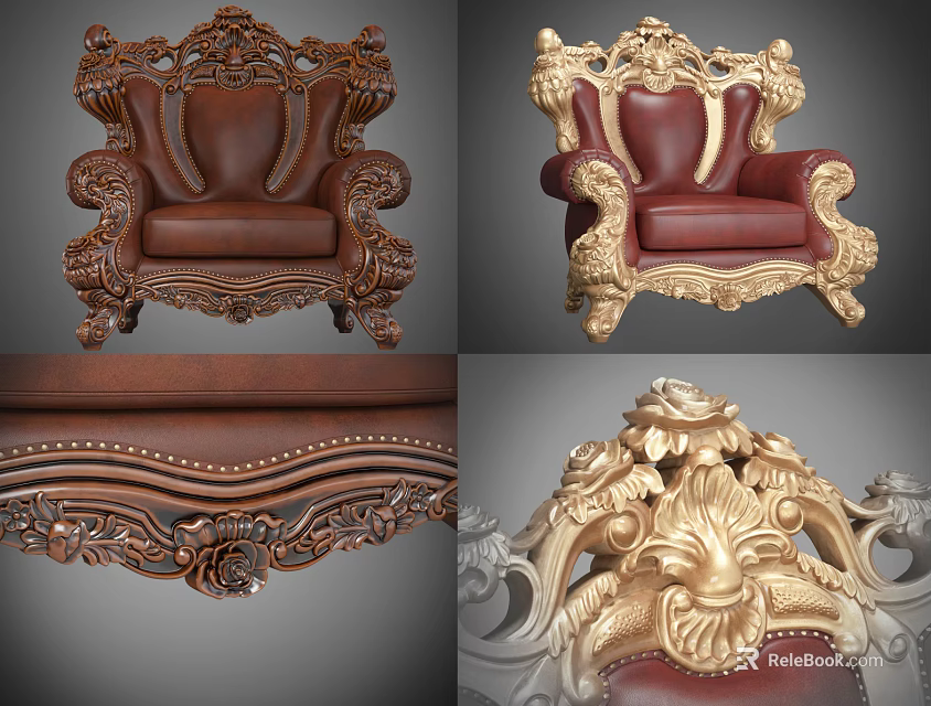 Ornate Carved Single Sofa With Leather Upholstery And Gold Decorative Details 3d model 