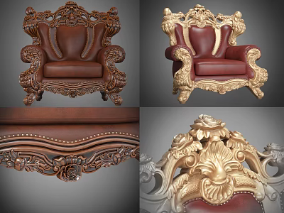 Ornate Carved Single Sofa With Leather Upholstery And Gold Decorative Details 3d model