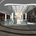 Modern Shopping Mall Lobby Interior With Hanging Chandelier Escalator And Shop Windows