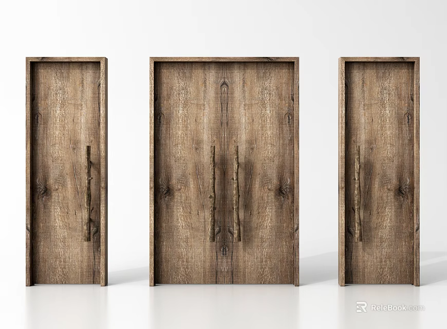 Three Rustic Wooden Swing Doors With Natural Wood Grain And Simple Handle Design 3d model 