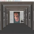 Modern Corridor Style Exhibition Hall With Paintings On Both Sides Red Decorative Painting At End