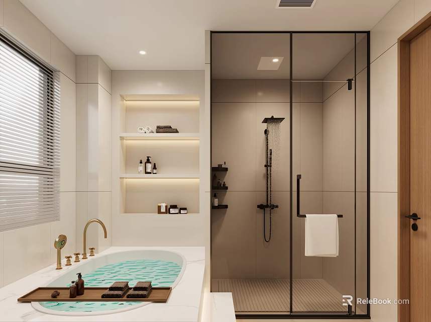 Elegant Modern Neutral Bathroom With Built In Shelves Soaking Tub And Sleek Glass Shower Enclosure 3d model 