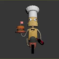 Cartoon Robot Chef Character Riding Small Motorcycle Holding Red Tray With Delicious Hamburger