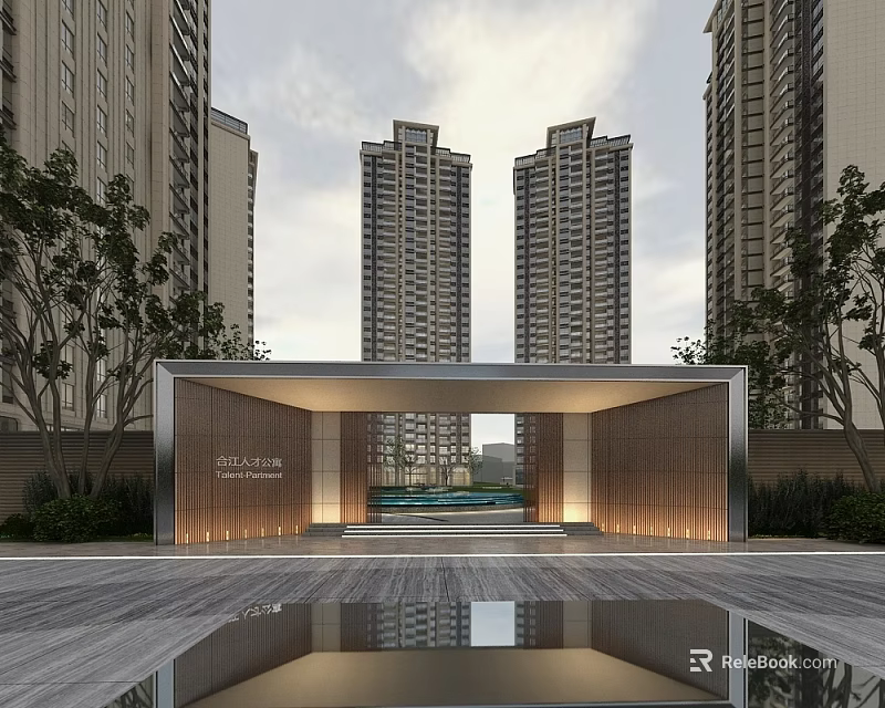 Modern High Rise Hotel Building with Twin Towers Entrance Portico Trees and Water Reflection 3d model 