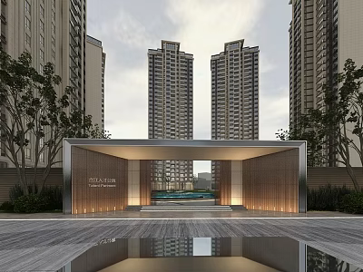 Modern High Rise Hotel Building with Twin Towers Entrance Portico Trees and Water Reflection 3d model