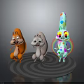 Playful Cartoon Creatures Including Squirrels Colorful Spotted Character With Rainbow And Exaggerated Expressions On Concentric Platform