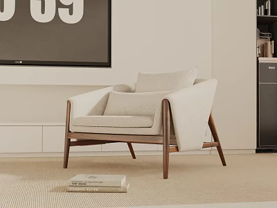 Modern Beige Accent Chair With Wooden Frame And Soft Cushions On Neutral Living Room Carpet 3d model