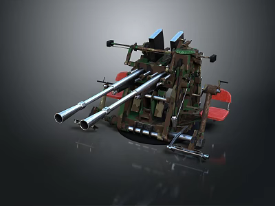 Multi Barrel Metal Weapon With Rotating Base Mechanical Structure And Green Red Components 3d model