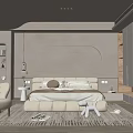 Modern Minimalist Bedroom Interior With Curved Headboard Soft Lighting Carpet And Armchair