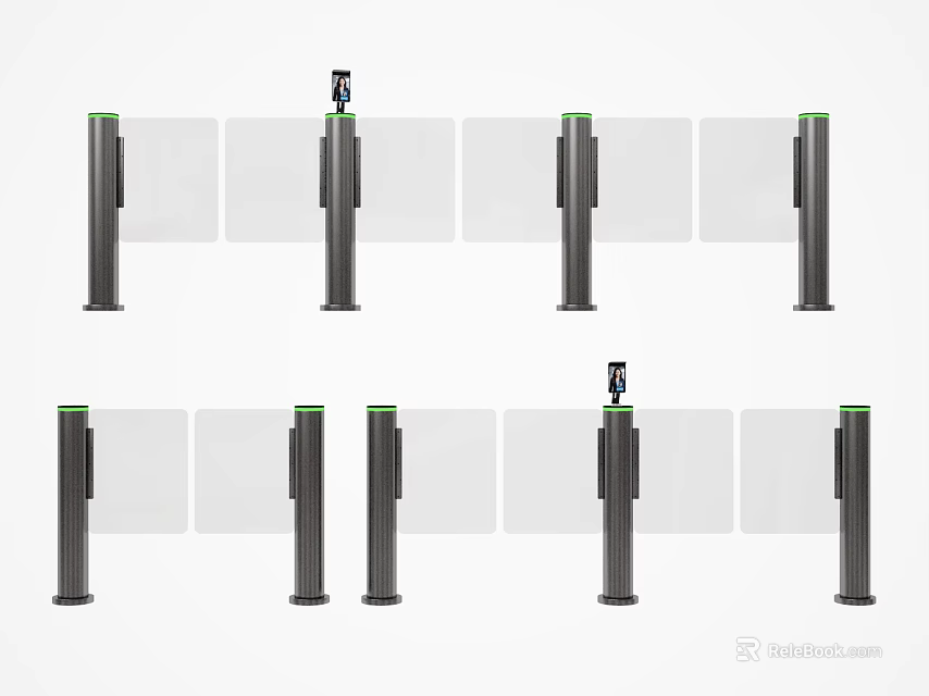 Modern Public Facility Turnstile Gates With Glass Barriers And Green Indicators 3d model 