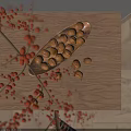 Ceramic Vessel Holding Nuts on Wooden Surface with Red Decorative Fruits and Branches
