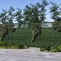 Serene Garden Landscape With Green Bamboo Fence Purple Climbing Vines And Lush Trees