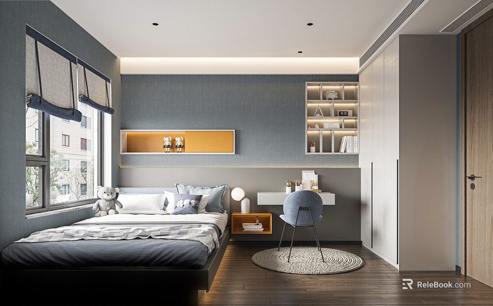 Cozy Tatami Bedroom With Gray Walls Wooden Floor Desk Chair And Bookshelf 3d model 